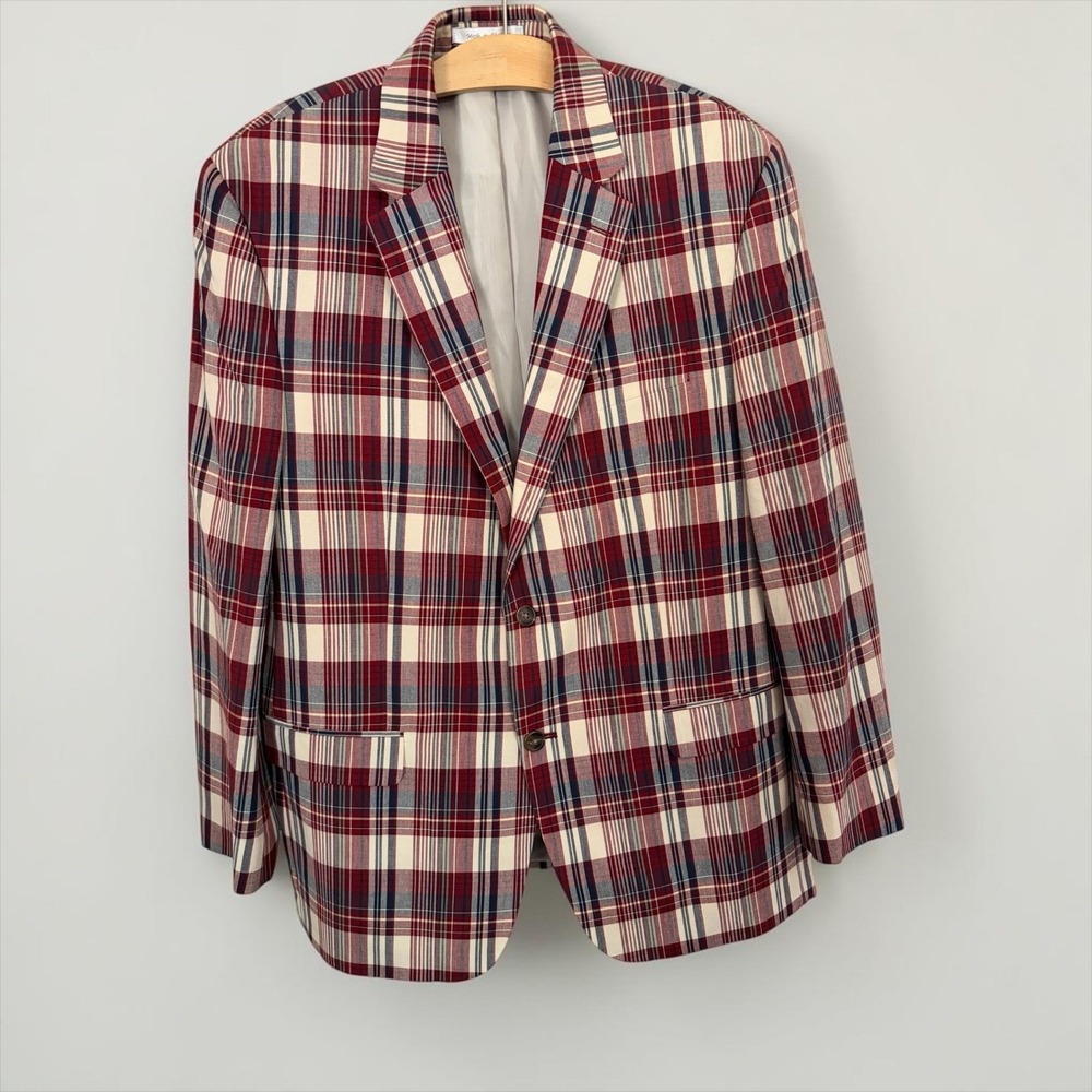 NEW Chaps Plaid Sport Coat Red Navy Blue Cotton Blazer Suit Jacket 44R 44